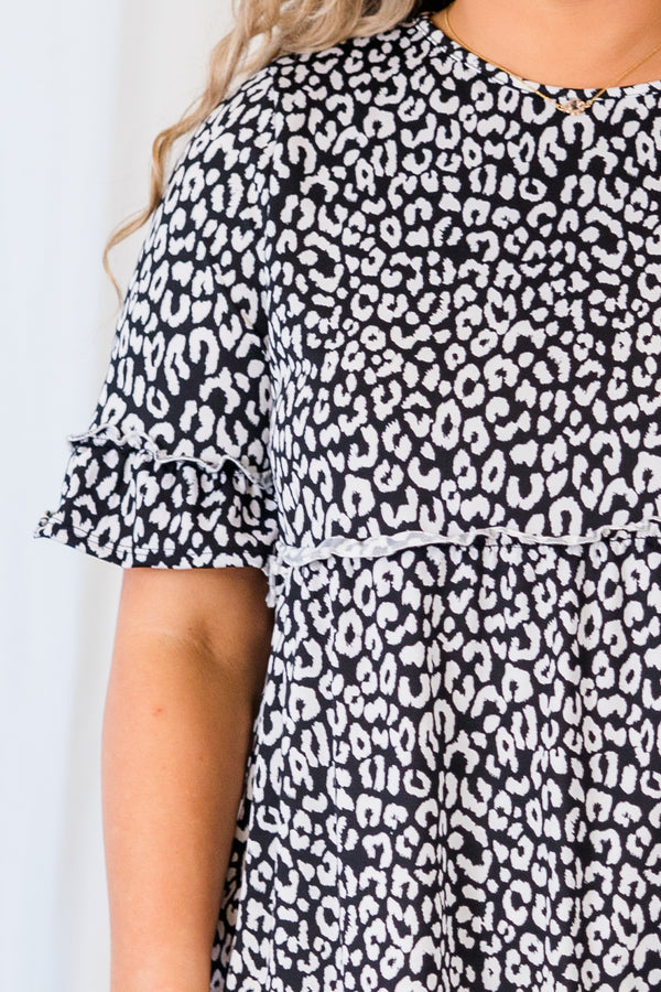 Chic Soul plus size clothing, black leopard short sleeve top with ruffle along sleeves