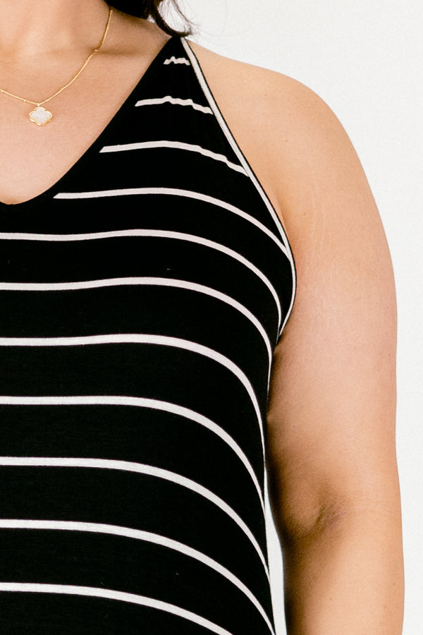 Chic Soul plus size clothing, black sleeveless maxi dress with white horizontal stripes and a slight V-neck 