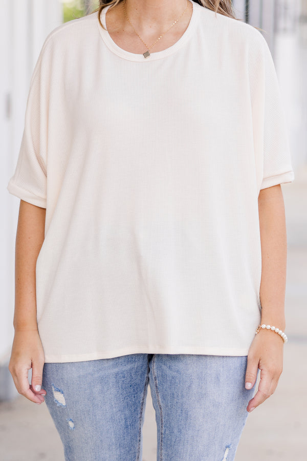  Chic Soul plus size clothing, short-sleeve cream tan top with scoop-neckline 