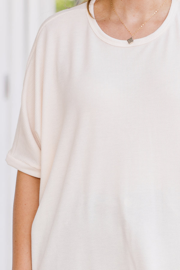  Chic Soul plus size clothing, short-sleeve cream tan top with scoop-neckline 