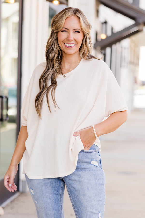  Chic Soul plus size clothing, short-sleeve cream tan top with scoop-neckline 