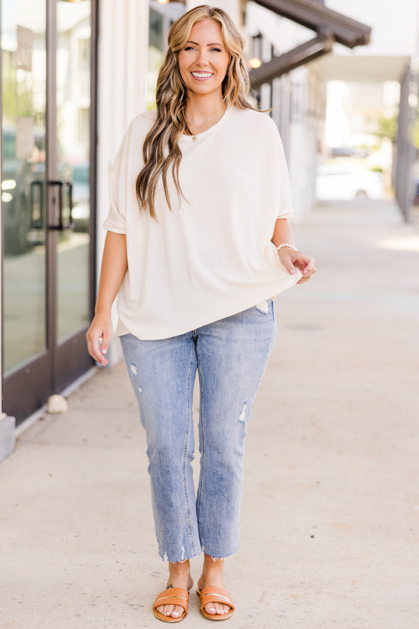  Chic Soul plus size clothing, short-sleeve cream tan top with scoop-neckline 