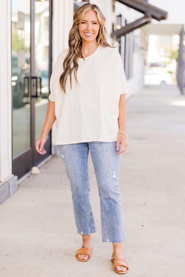  Chic Soul plus size clothing, short-sleeve cream tan top with scoop-neckline 