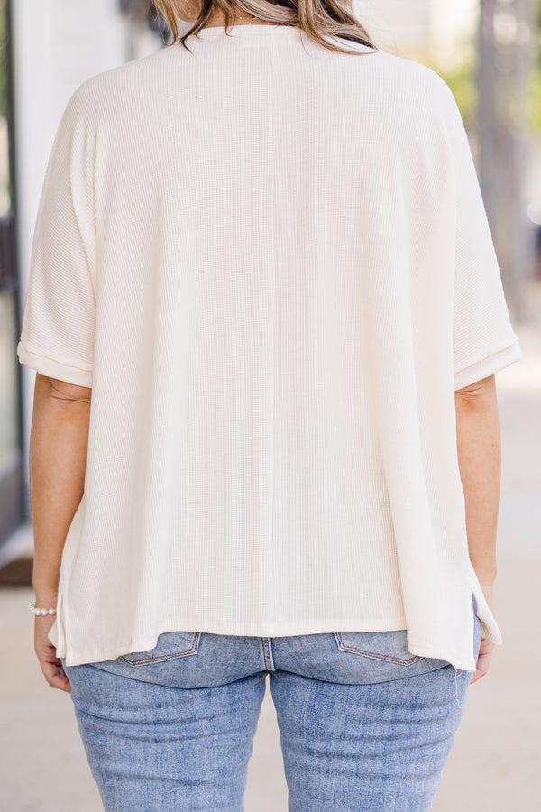  Chic Soul plus size clothing, short-sleeve cream tan top with scoop-neckline 
