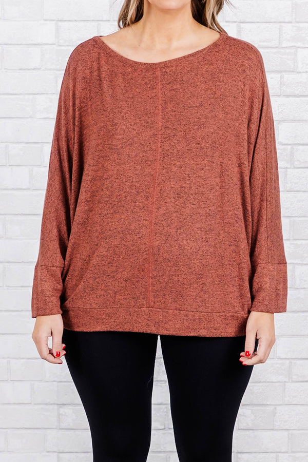 Chic Soul plus size clothing, long sleeve heathered clay top with cuff sleeves and trim