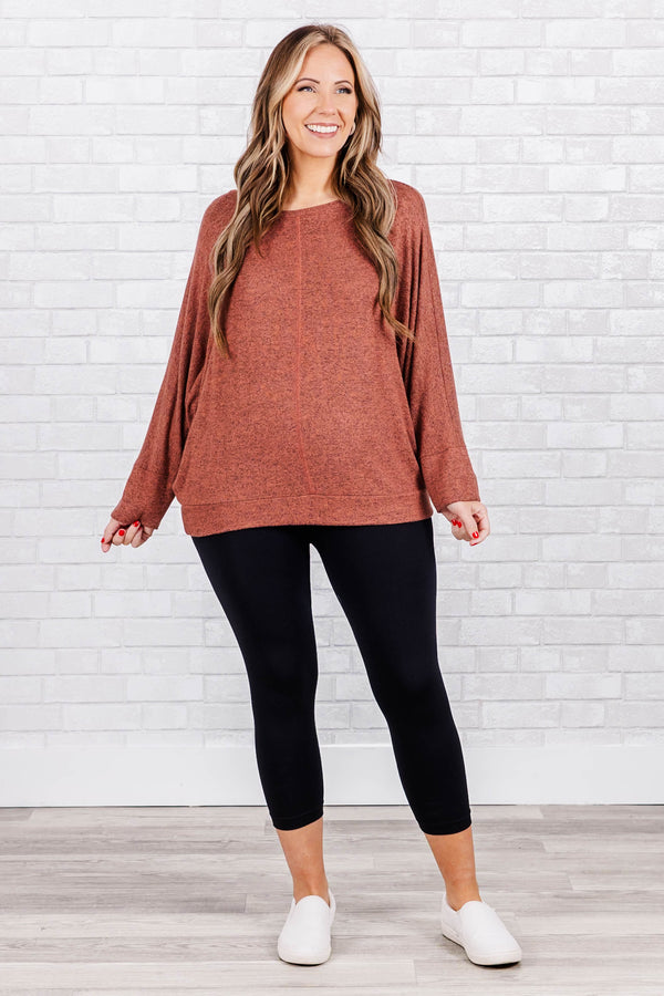 Chic Soul plus size clothing, long sleeve heathered clay top with cuff sleeves and trim