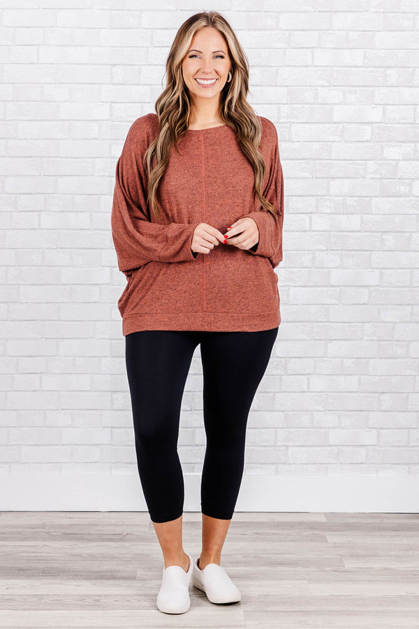 Chic Soul plus size clothing, long sleeve heathered clay top with cuff sleeves and trim
