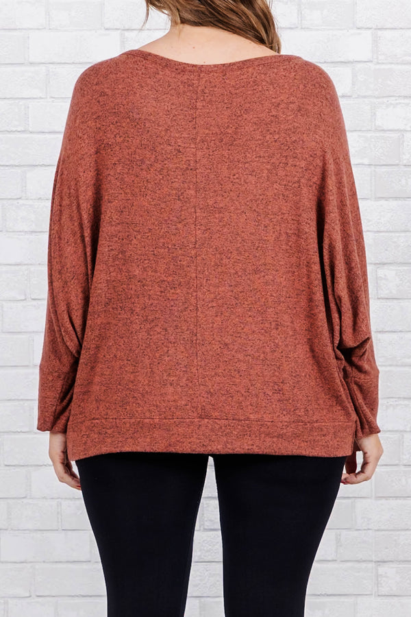Chic Soul plus size clothing, long sleeve heathered clay top with cuff sleeves and trim