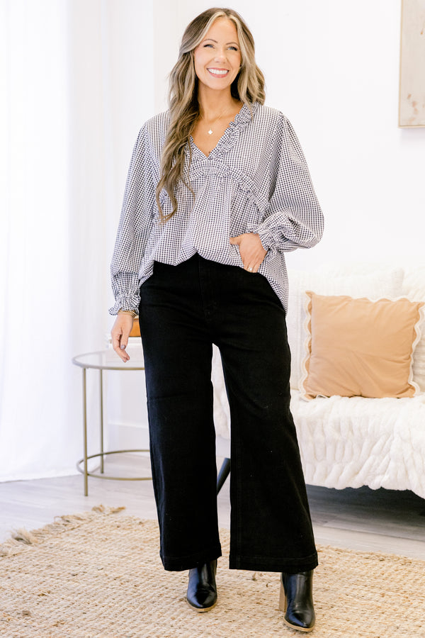 Chic Soul plus size clothing, black high rise straight leg jeans with finished hem