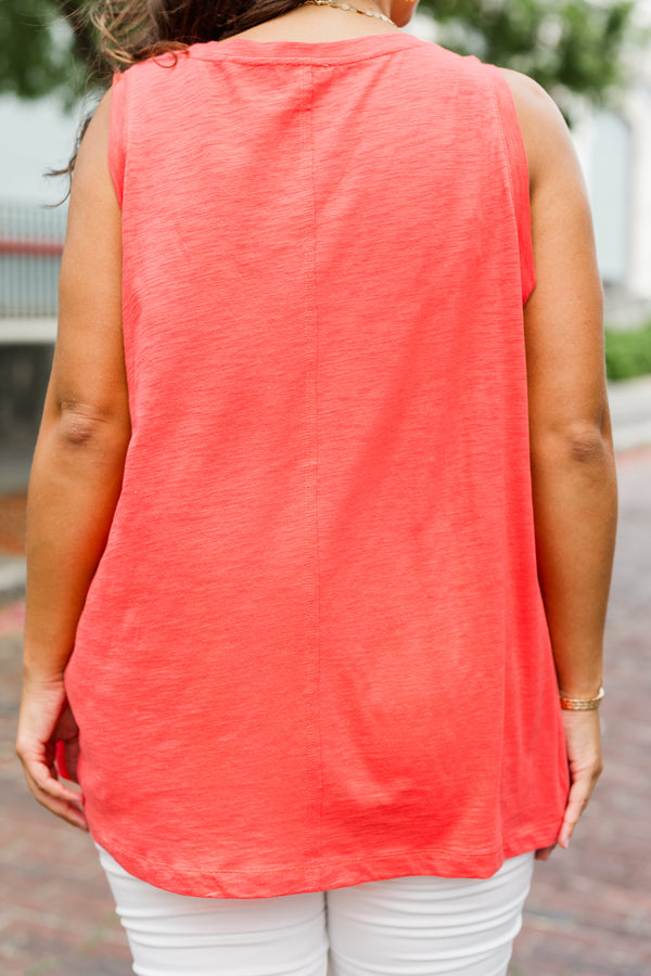 Chic Soul plus size clothing, coral tank with a small distressed ruffle detail a the top of the shirt and then one in the center of the shirt on the left side 