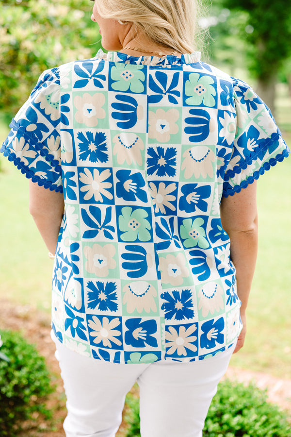 Chic Soul plus size clothing, blue green casual short sleeve top with floral tile pattern