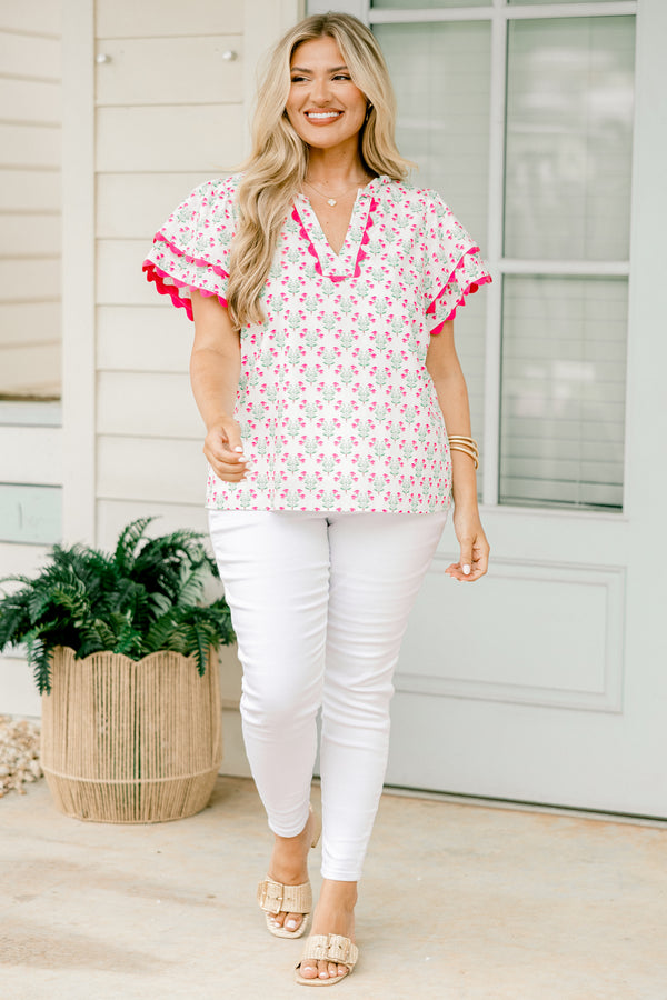 Chic Soul plus size clothing, ivory and pink short sleeve top with a block pattern and pink scalloped details on the sleeves and neckline 