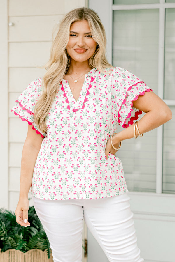Chic Soul plus size clothing, ivory and pink short sleeve top with a block pattern and pink scalloped details on the sleeves and neckline 
