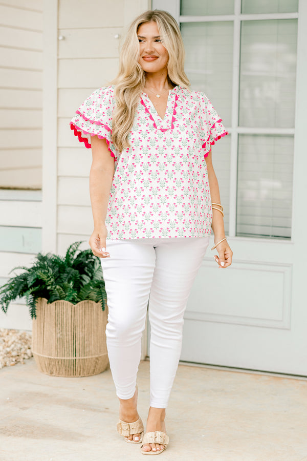 Chic Soul plus size clothing, ivory and pink short sleeve top with a block pattern and pink scalloped details on the sleeves and neckline 