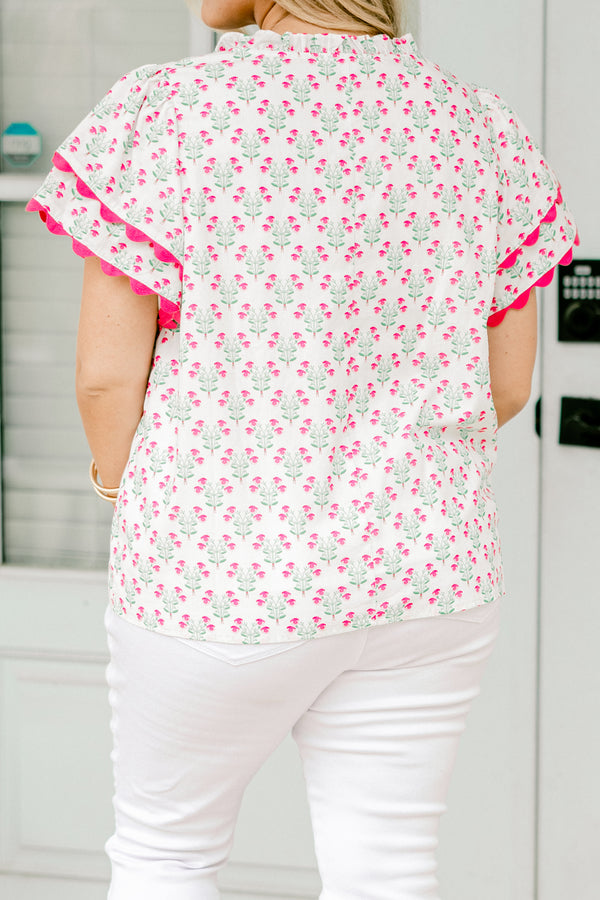 Chic Soul plus size clothing, ivory and pink short sleeve top with a block pattern and pink scalloped details on the sleeves and neckline 