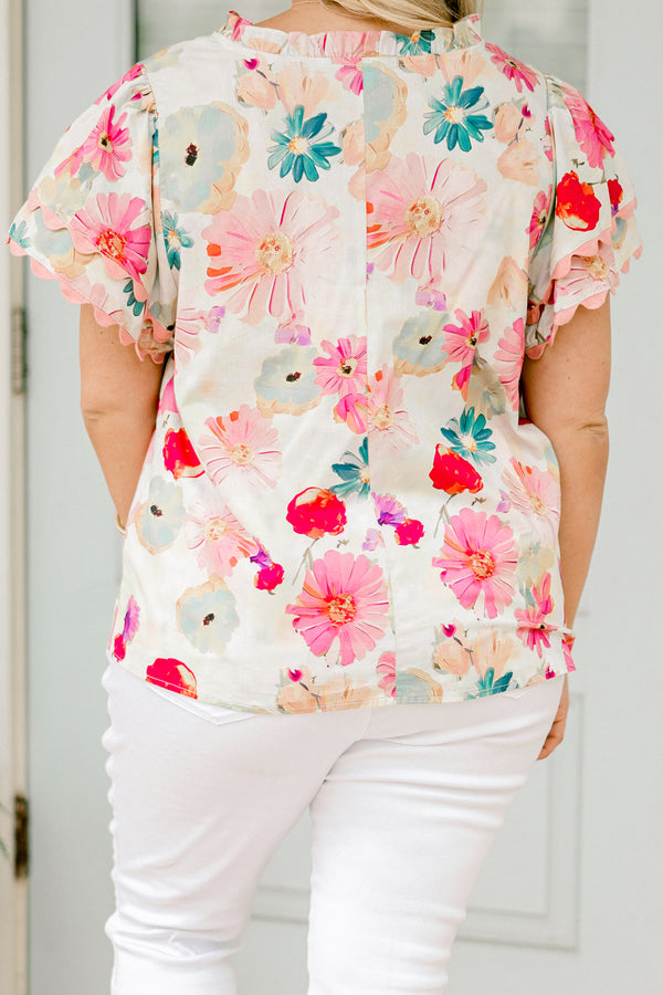 Chic Soul plus size clothing, ivory short sleeve top with multicolored pink and red floral pattern and pastel pink scalloped trim on sleeves and neckline