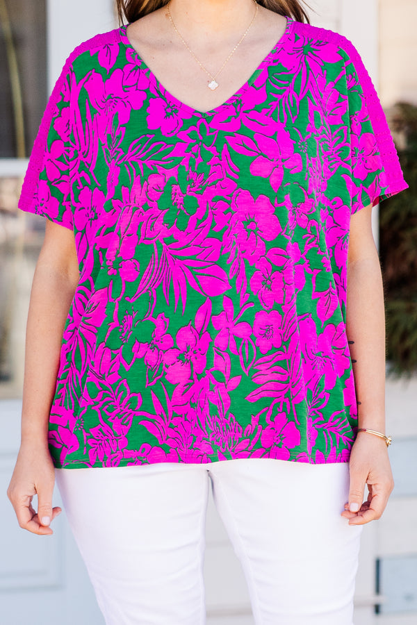 Chic Soul plus size clothing, green and fuchsia floral short sleeve top