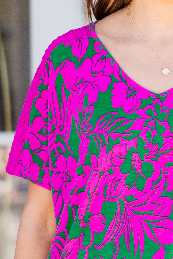 Chic Soul plus size clothing, green and fuchsia floral short sleeve top