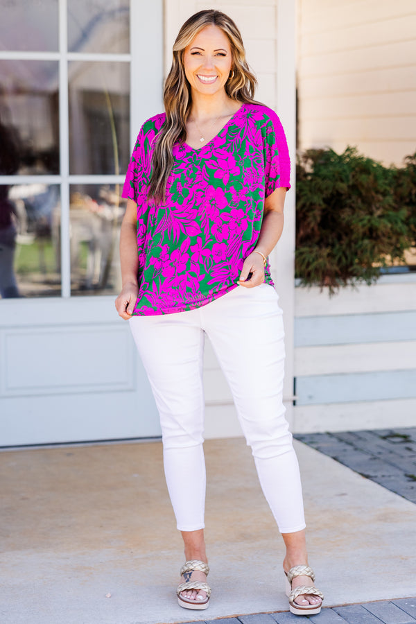 Chic Soul plus size clothing, green and fuchsia floral short sleeve top