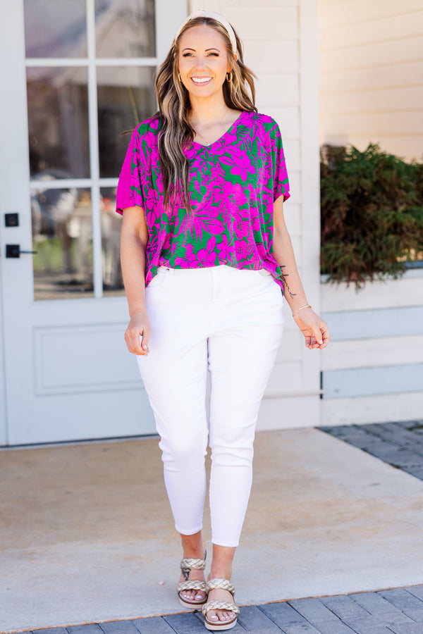 Chic Soul plus size clothing, green and fuchsia floral short sleeve top