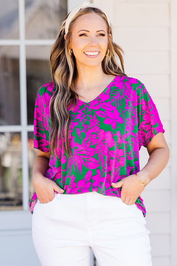 Chic Soul plus size clothing, green and fuchsia floral short sleeve top