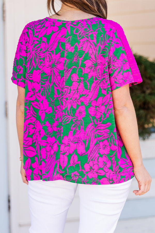 Chic Soul plus size clothing, green and fuchsia floral short sleeve top