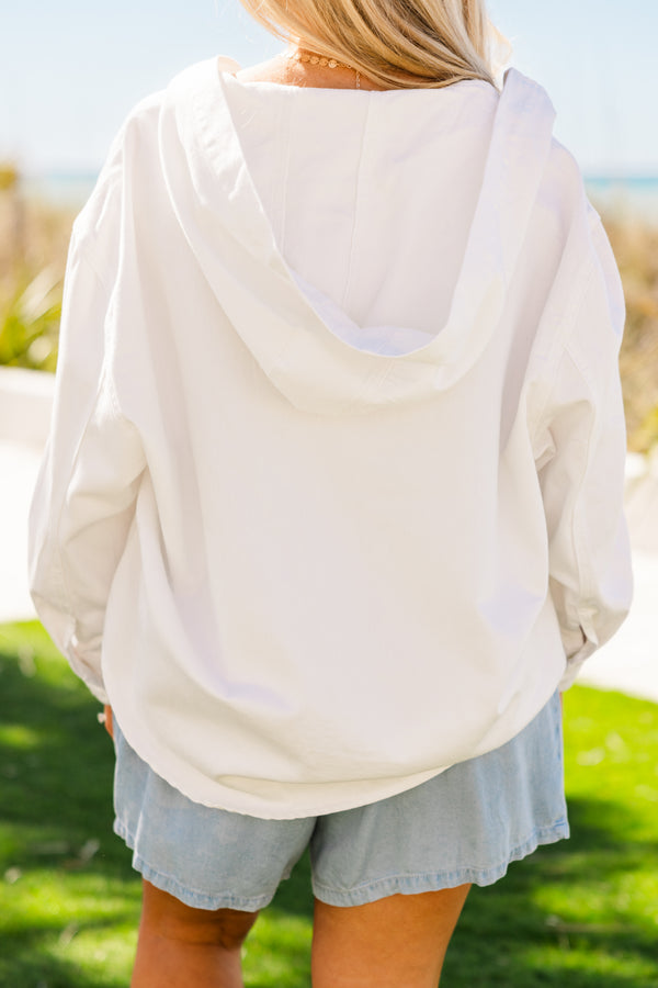 Chic Soul plus size clothing, white button up jacket with hood and three front pockets