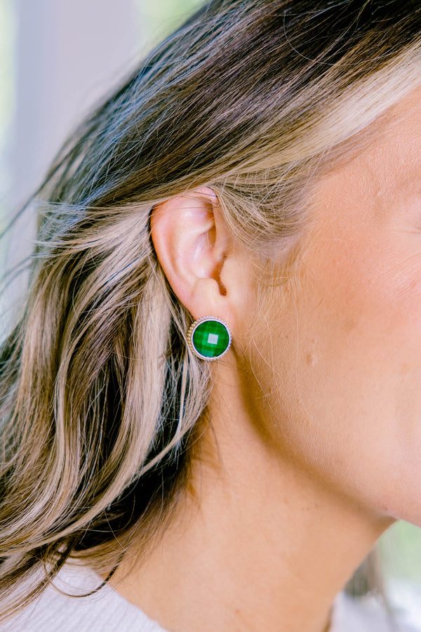 Chic Soul plus size clothing, green round gemstone stud earrings outlined in gold