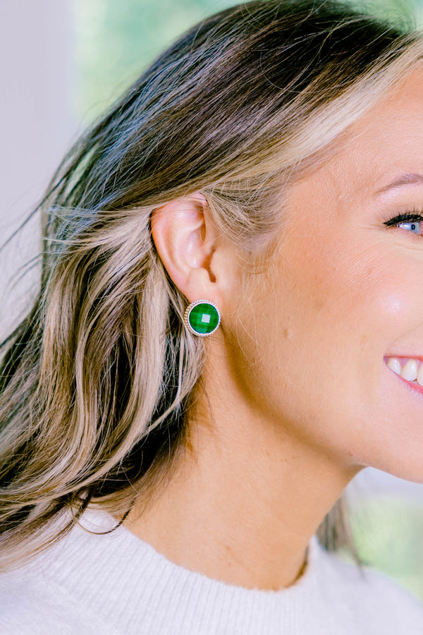Chic Soul plus size clothing, green round gemstone stud earrings outlined in gold