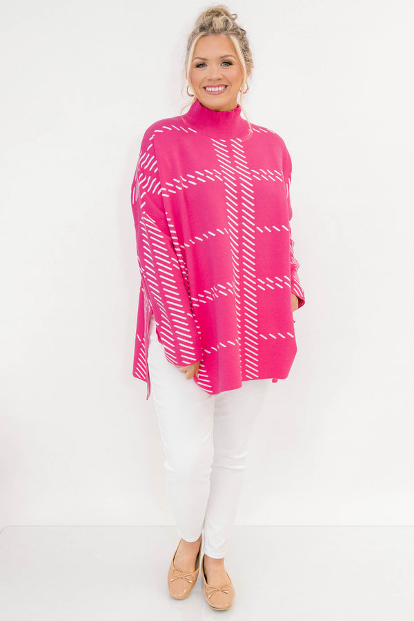 Chic Soul plus size clothing, pink sleeve sweater that has a turtle neck as well a line plaid pattern 