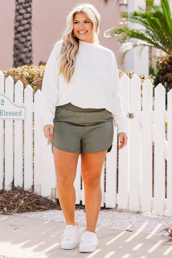 Chic Soul plus size clothing, light olive athletic shorts with stretchy waistband and sipper pocket