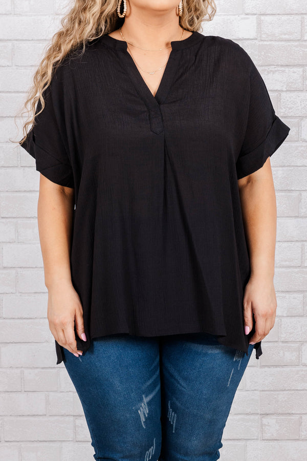 Chic Soul plus size clothing, short sleeve black top with v neck and cuff sleeves