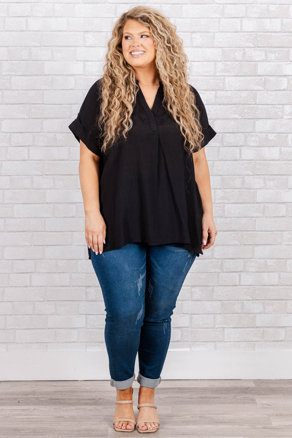Chic Soul plus size clothing, short sleeve black top with v neck and cuff sleeves