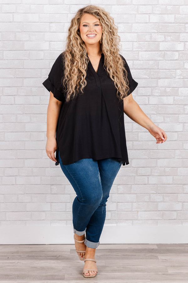 Chic Soul plus size clothing, short sleeve black top with v neck and cuff sleeves