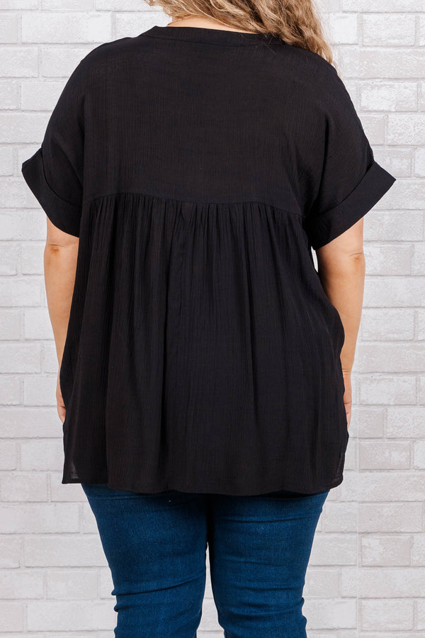 Chic Soul plus size clothing, short sleeve black top with v neck and cuff sleeves