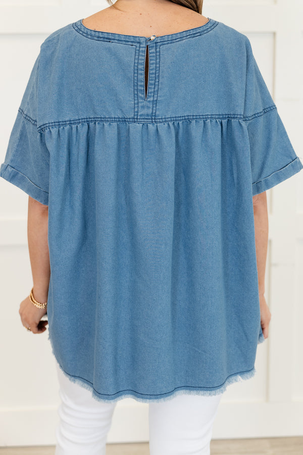 Chic Soul plus size clothing, light wash short sleeve baby doll top with round neckline with chest pocket and cuff detail on sleeves