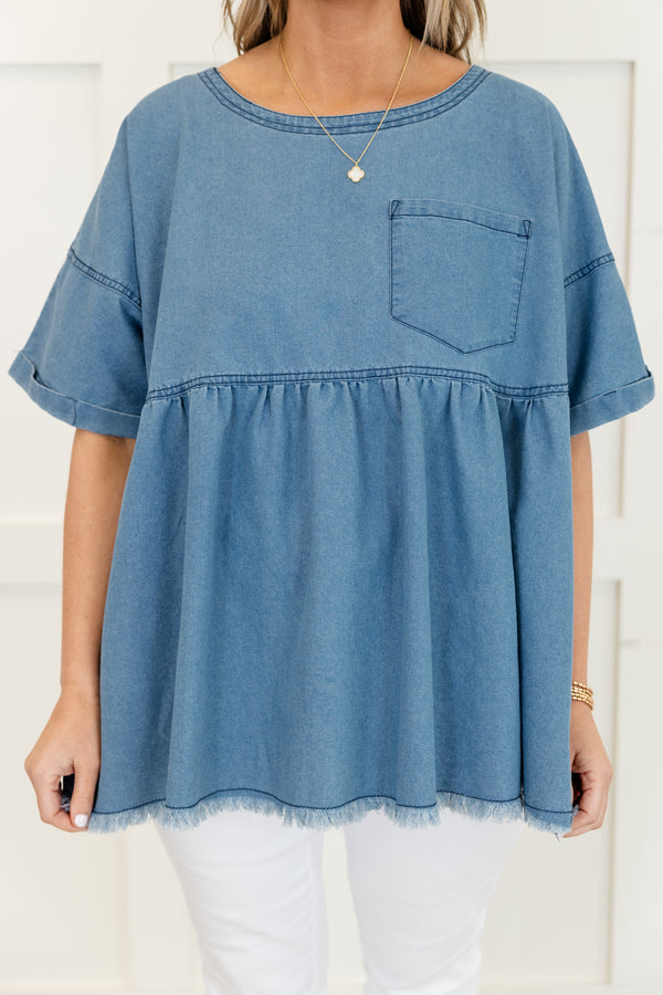Chic Soul plus size clothing, light wash short sleeve baby doll top with round neckline with chest pocket and cuff detail on sleeves
