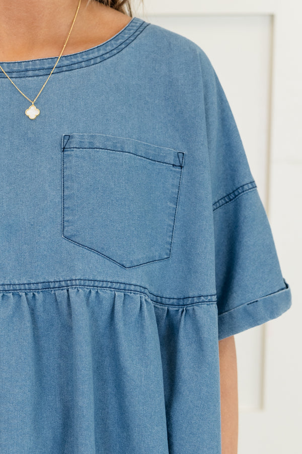 Chic Soul plus size clothing, light wash short sleeve baby doll top with round neckline with chest pocket and cuff detail on sleeves
