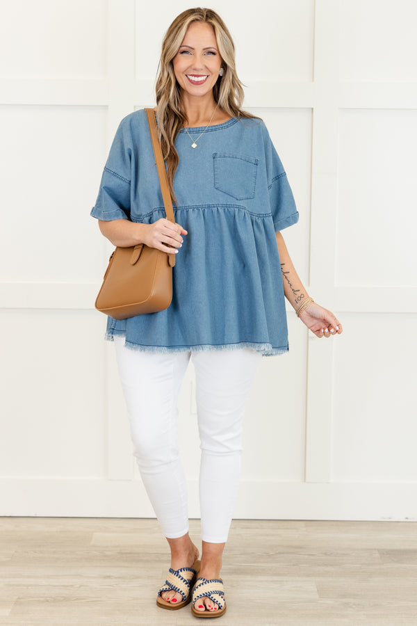 Chic Soul plus size clothing, light wash short sleeve baby doll top with round neckline with chest pocket and cuff detail on sleeves