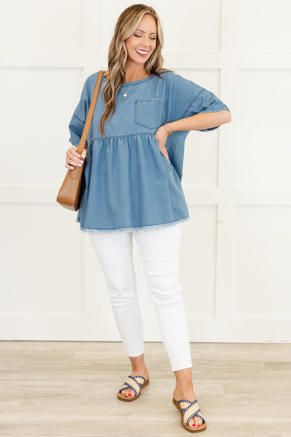 Chic Soul plus size clothing, light wash short sleeve baby doll top with round neckline with chest pocket and cuff detail on sleeves