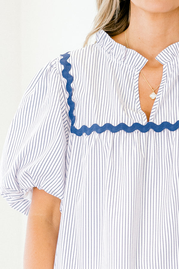 Chic Soul plus size clothing, navy blue pinstripes on white short-bubble sleeve shallow v-neck casual top with navy blue ric rac trim