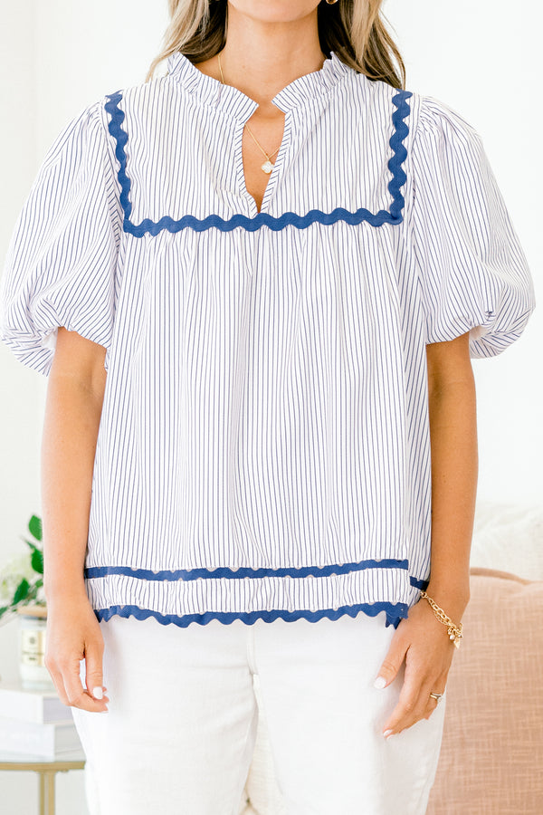 Chic Soul plus size clothing, navy blue pinstripes on white short-bubble sleeve shallow v-neck casual top with navy blue ric rac trim