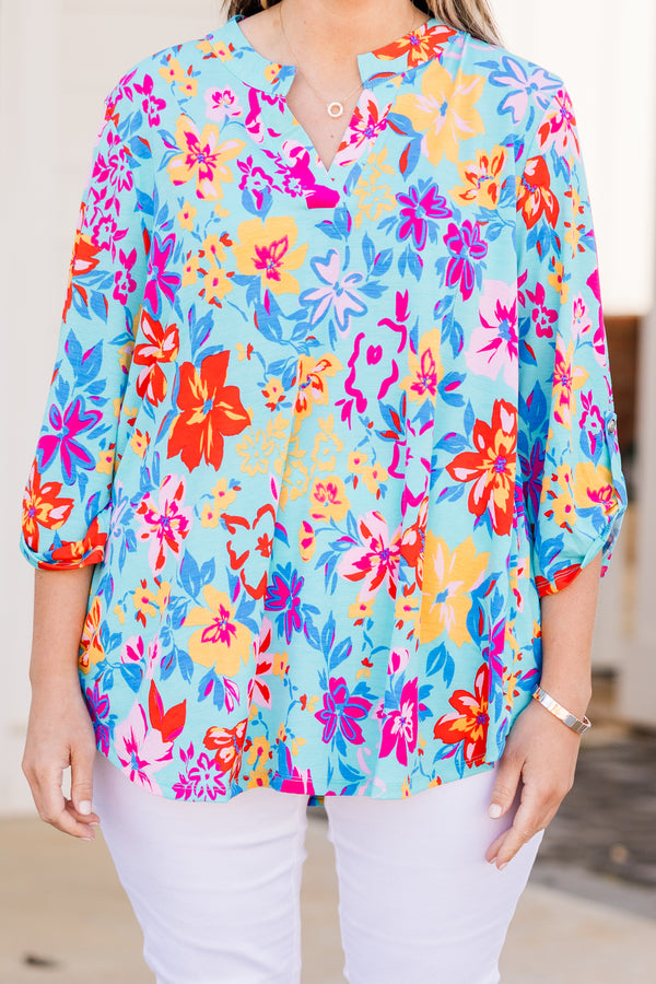 Chic Soul plus size clothing, blue multi floral print top with three quarter length sleeves with v neckline