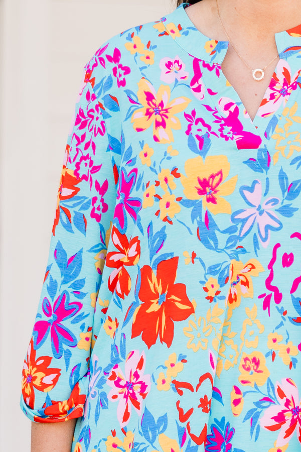 Chic Soul plus size clothing, blue multi floral print top with three quarter length sleeves with v neckline