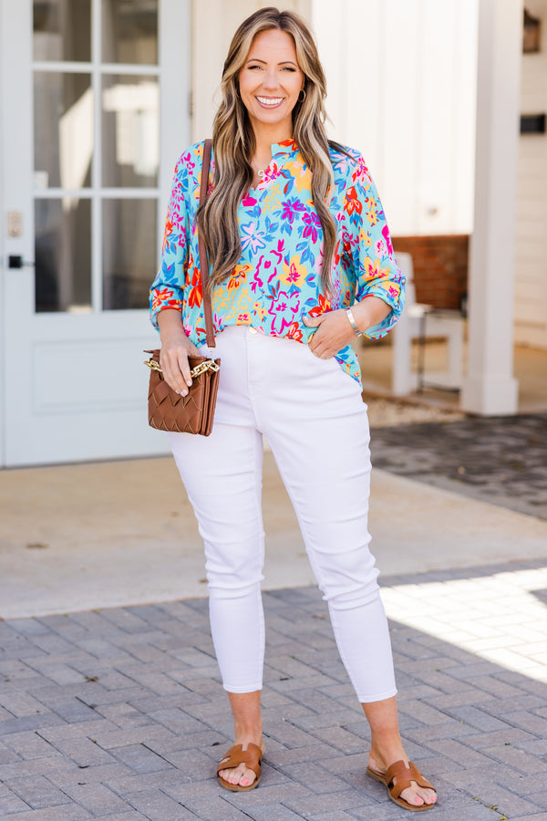 Chic Soul plus size clothing, blue multi floral print top with three quarter length sleeves with v neckline