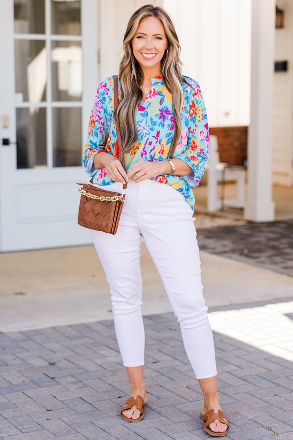 Chic Soul plus size clothing, blue multi floral print top with three quarter length sleeves with v neckline