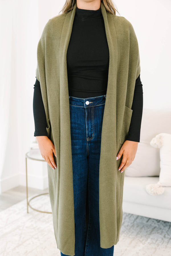 Chic Soul plus size clothing, olive sleeveless cardigan that it below the knee length 