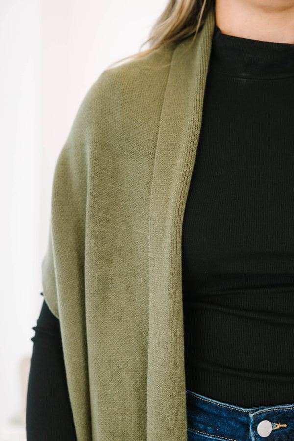 Chic Soul plus size clothing, olive sleeveless cardigan that it below the knee length 