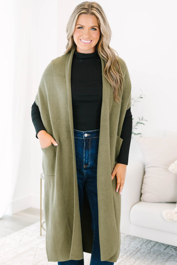 Chic Soul plus size clothing, olive sleeveless cardigan that it below the knee length 