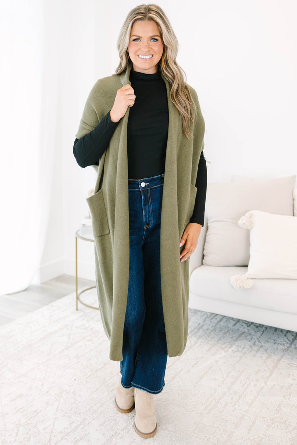 Chic Soul plus size clothing, olive sleeveless cardigan that it below the knee length 